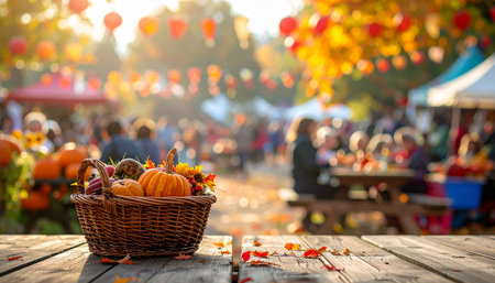 Basket with pumpkins on a wooden table in an autumn parkの素材