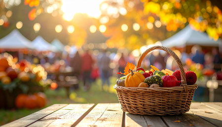 Basket with autumn fruits and vegetables on the table in the park.の素材