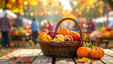 Wicker basket with pumpkins and berries on wooden table in autumn parkの素材