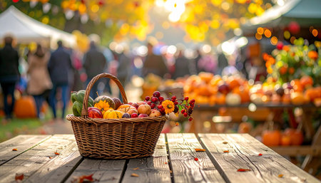 Basket with different fruits and vegetables on the table in the autumn gardenの素材