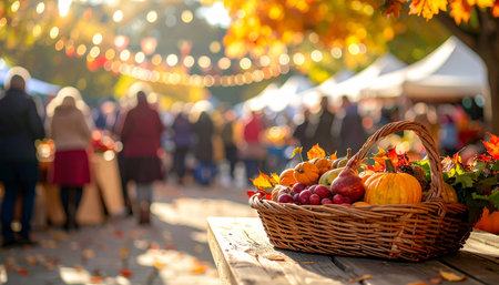 Autumn market in the city. Basket with autumn fruits and vegetables.の素材
