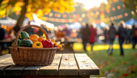 Wicker basket full of fresh vegetables on wooden table in autumn parkの素材