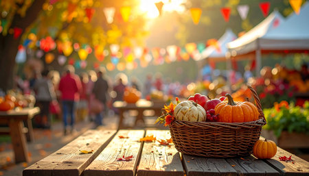 Autumn background with pumpkins in a basket on a wooden tableの素材