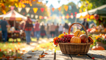 Wicker basket with pumpkins and sunflowers on wooden table in autumn parkの素材