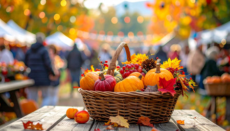 Wicker basket with autumn leaves and pumpkins on wooden table in front of blurred peopleの素材