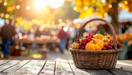 Autumn harvest in a wicker basket on a wooden table with bokeh backgroundの素材