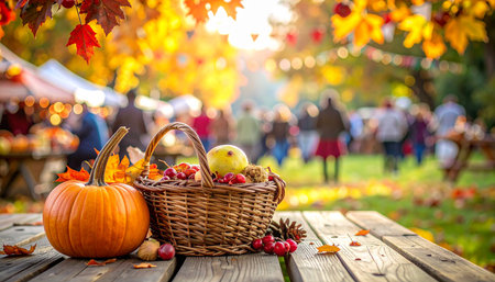 Autumn harvest in a wicker basket on a wooden table in the parkの素材