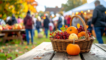 Wicker basket with autumn fruits and vegetables on wooden table at local farmers marketの素材
