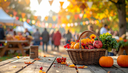 Autumn harvest festival in park. Basket with fruits and vegetablesの素材