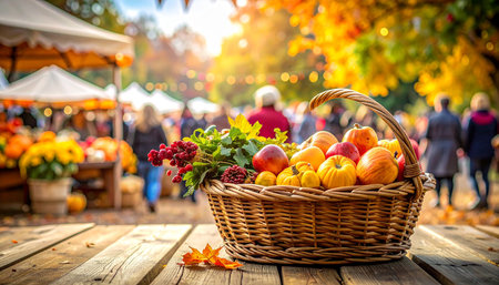 Wicker basket full of autumn fruits and vegetables at a farmers marketの素材