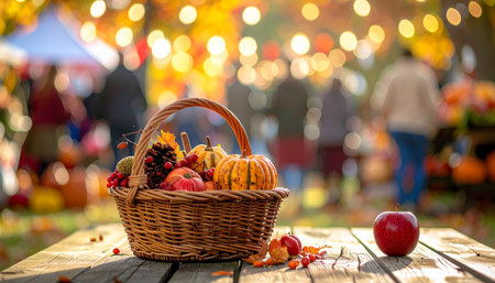 Wicker basket full of various pumpkins, apples and berries on wooden table in autumn gardenの素材