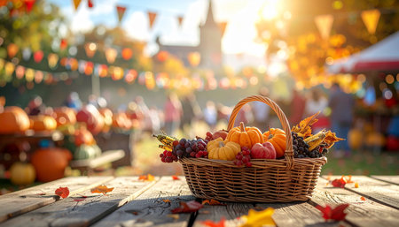 Wicker basket with pumpkins and grapes on wooden table in autumn parkの素材