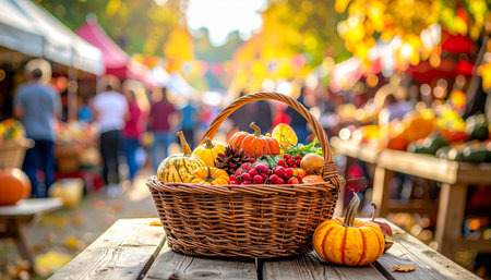 Wicker basket with autumn fruits and vegetables on a wooden table at the fairの素材