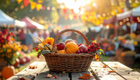 Autumn harvest in a wicker basket on a wooden background.の素材