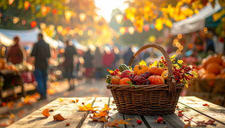 Harvest of pumpkins in a wicker basket on the background of the autumn marketの素材