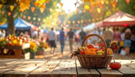 Autumn harvest festival. Basket with pumpkins on wooden tableの素材