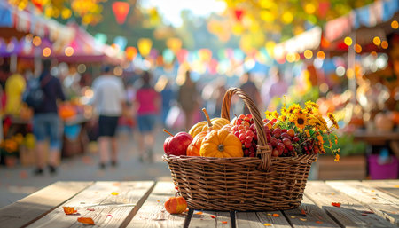 Wicker basket with autumn fruits and vegetables for sale at farmers marketの素材