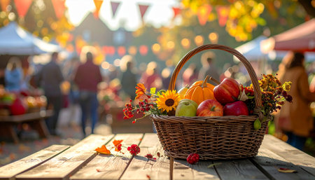 Wicker basket with autumn harvest on the wooden table in the parkの素材