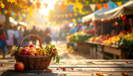 basket with fruits and vegetables on the table in the autumn parkの素材