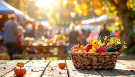 Wicker basket full of autumn fruits and vegetables on a wooden table in front of a fairの素材