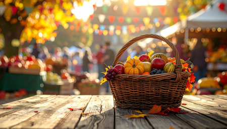 Autumn harvest in a wicker basket on a wooden background.の素材
