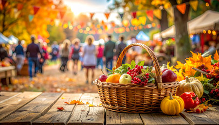 Wicker basket with fruits and vegetables on a wooden table in the autumn parkの素材