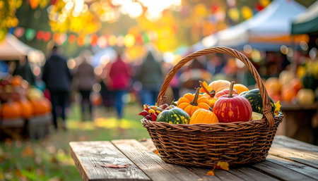 Basket with pumpkins on a wooden table in the autumn parkの素材