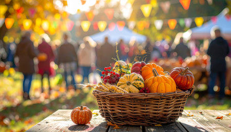 Basket with pumpkins on a wooden table in an autumn parkの素材