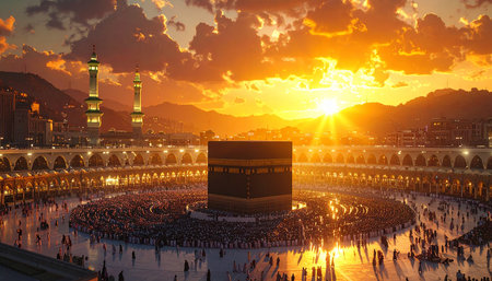 Muslim pilgrims from all over the world gathered to perform Umrah or Hajj at the Haram Mosque in Mecca, Saudi Arabia.の素材