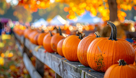 Halloween pumpkins on wooden fence with autumn leaves in background.の素材