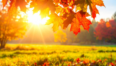 Autumn maple leaves on the background of the sun in the parkの素材