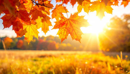 Autumn background with maple leaves on sunny day. Beautiful nature scene.の素材