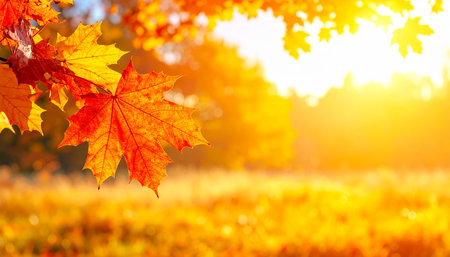 Autumn maple leaves in the sun. Beautiful nature background with copy spaceの素材