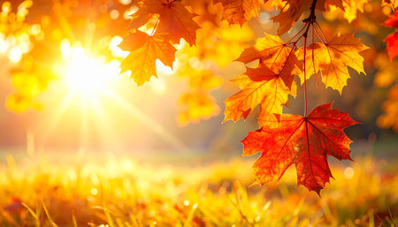 Autumn maple leaves in the rays of the setting sun. Beautiful autumn backgroundの素材