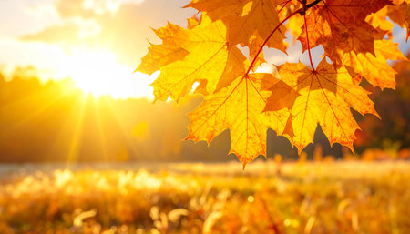 Autumn maple leaves on the background of the sun and the skyの素材