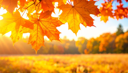Autumn maple leaves on a background of yellow foliage in the sunの素材