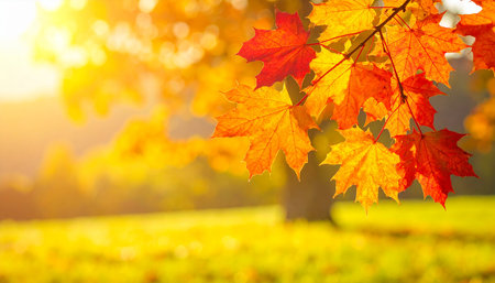 Autumn background with maple leaves and sunbeams in sunny dayの素材