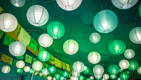Colorful paper lanterns hanging on the ceiling in Chiang Mai, Thailand.の素材
