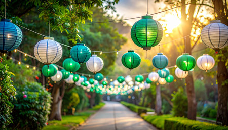 Colorful paper lanterns in the public park at sunset time.の素材