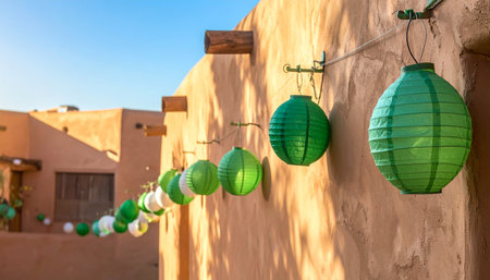 Colorful lanterns hanging on the wall of a house in Moroccoの素材