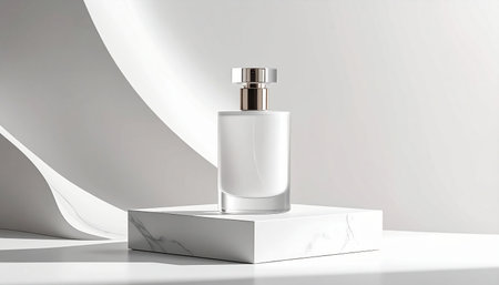 White cosmetic bottle on white podium. 3d rendering, mock upの素材