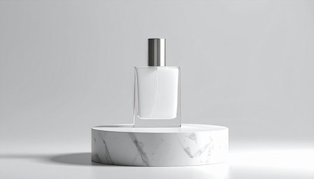 Perfume bottle mockup on white marble podium. 3D renderingの素材