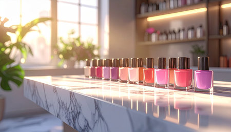 Nail polish bottles on table in beauty salon, 3D renderingの素材