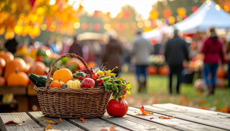 Autumn harvest in a basket on a wooden table. Harvest festivalの素材
