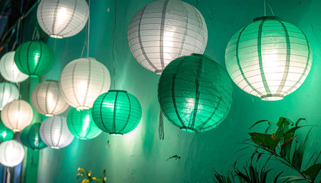 Colorful paper lanterns hanging on the wall in the night.の素材