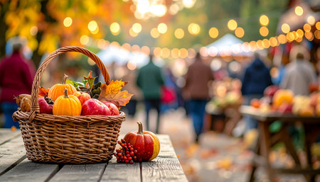 Basket with pumpkins and autumn leaves on the table in the parkの素材
