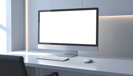Computer with white screen on the table in office. 3d rendering.の素材
