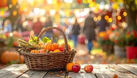 Autumn harvest in wicker basket on wooden table. Harvest festival conceptの素材