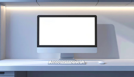 Computer with blank white screen on the table. 3d rendering.の素材