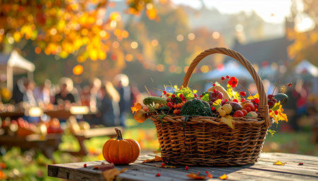 Autumn harvest in a wicker basket on a wooden table in the parkの素材